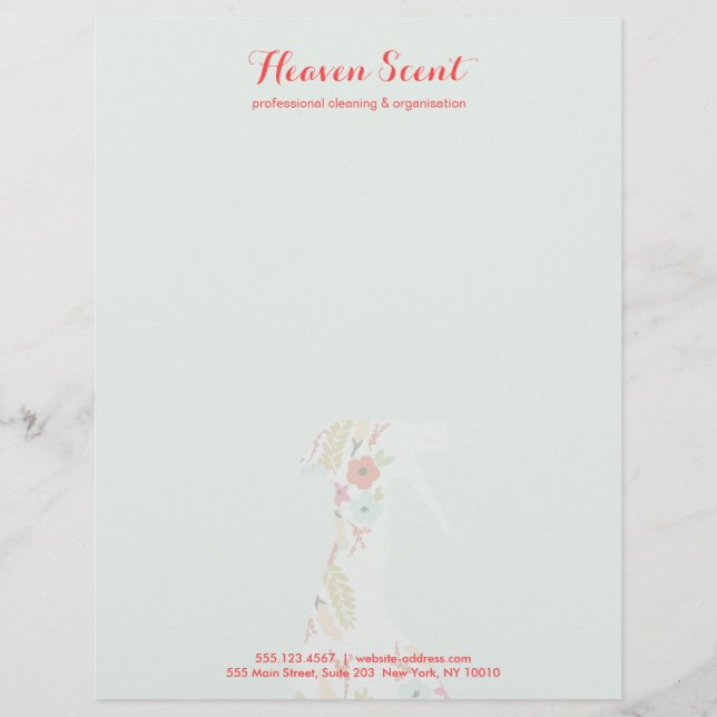Floral Spray Bottle House Cleaning Business Letterhead (Front)
