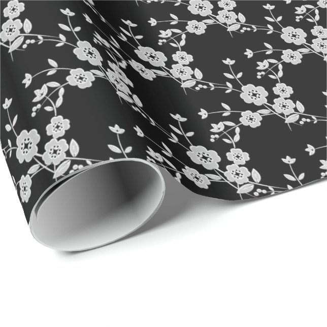 Floral Spray, Style 1-BLACK-WHITE-GIFT WRAP PAPER (Roll Corner)