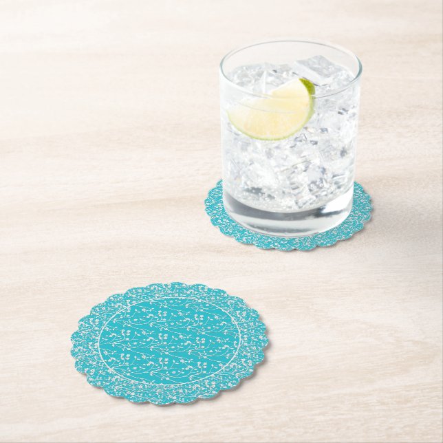 Floral Spray, White-Aqua-Style 6 Paper Coaster (Insitu)