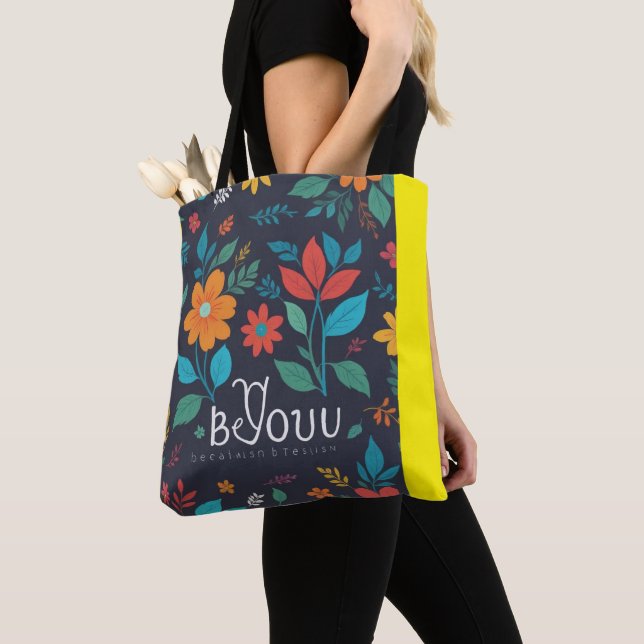 Floral Spring Blooms | Green Black Monogrammed  Tote Bag (Close Up)