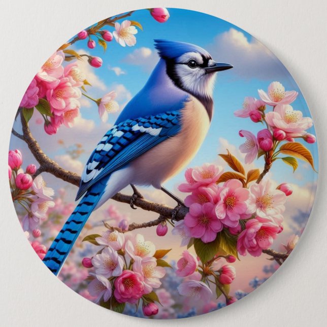 Floral/spring Blue Jay art Button (Front)