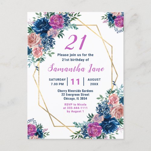 Floral Spring Blue Purple Geometric Birthday Postcard