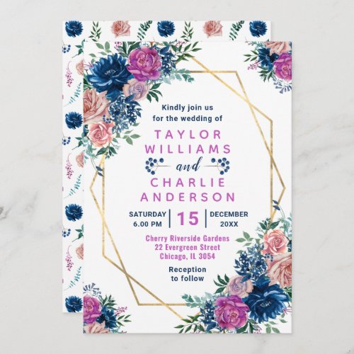 Floral Spring Blue Purple Geometric Wedding Invitation