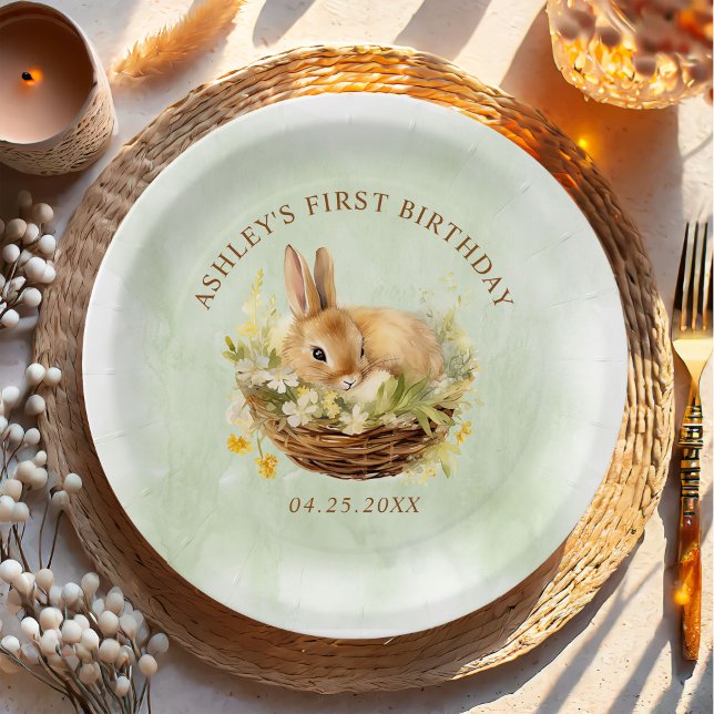 Floral Spring Bunny 1st Birthday Paper Plates (Creator Uploaded)