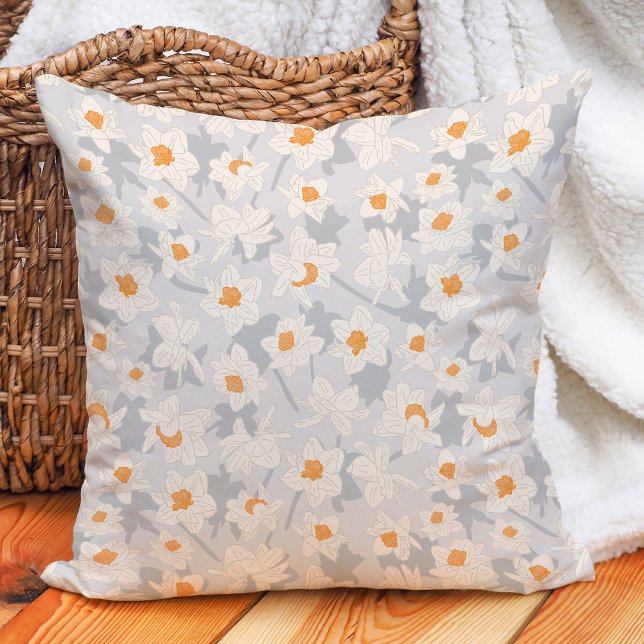 Floral Spring Daffodil Blooms | Gray Throw Pillow (Creator Uploaded)