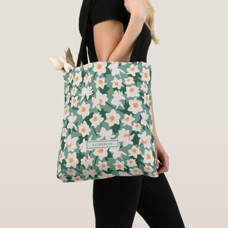 Floral Spring Daffodil Blooms | Green Monogrammed Tote Bag | Zazzle