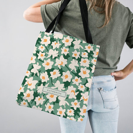 Floral Spring Daffodil Blooms | Green Monogrammed Tote Bag
