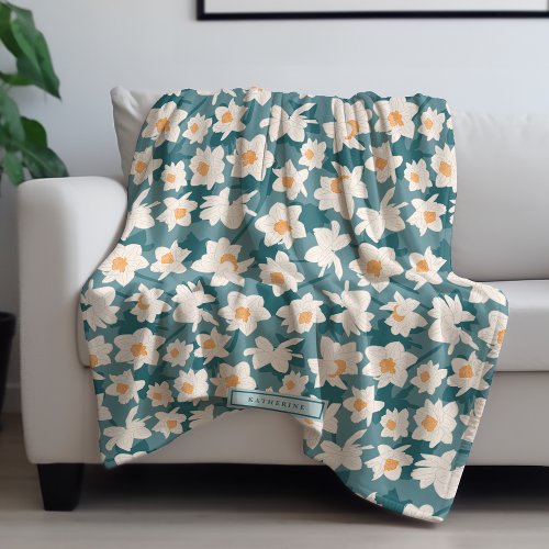 Floral Spring Daffodil Blooms  Teal Personalized Fleece Blanket