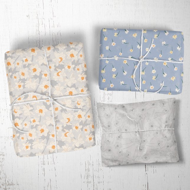 Floral Spring Daffodil | Blue and Gray Wrapping Paper Sheets (Creator Uploaded)