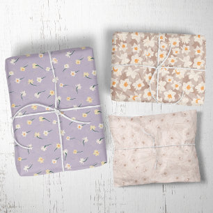Floral Spring Daffodil   Brown and Purple Wrapping Paper Sheets