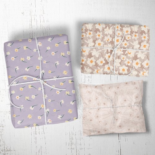 Floral Spring Daffodil  Brown and Purple Wrapping Paper Sheets