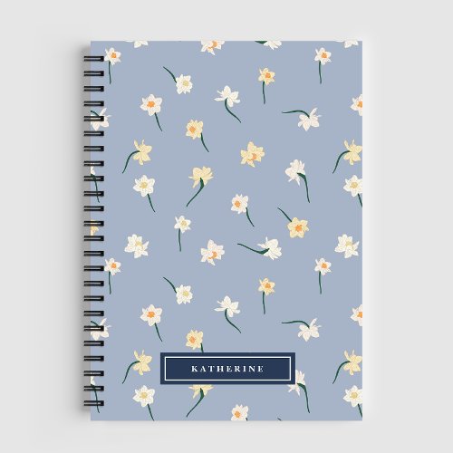Floral Spring Daffodil  Dusty Blue Personalized Notebook