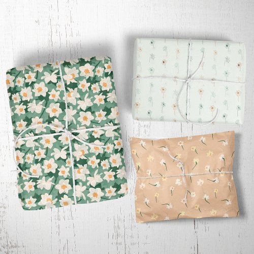 Floral Spring Daffodil  Green and Orange Wrapping Paper Sheets