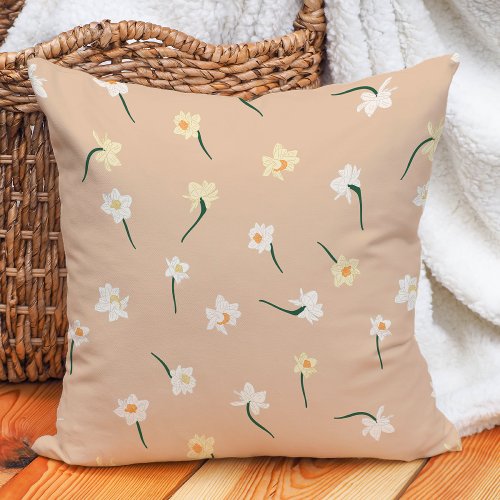 Floral Spring Daffodil  Peach Orange Throw Pillow