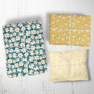 Floral Spring Daffodil   Teal and Yellow Wrapping Paper Sheets