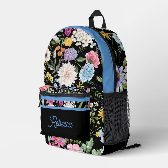 Floral Spring Design Personalized Blue Trim Printed Backpack (Back Corner Right)