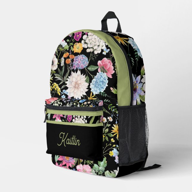 Floral Spring Design Personalized Green Trim Printed Backpack (Back Corner Right)