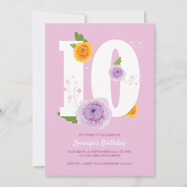 Floral Spring Garden 10th Birthday Party Save The Date (Front)