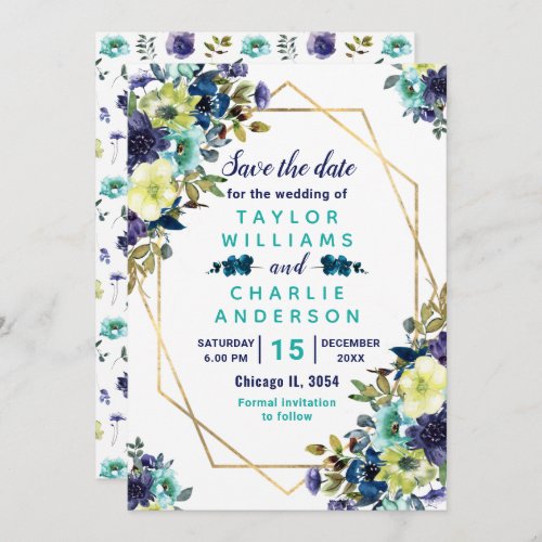 Floral Spring Green Blue Geometric Save The Date