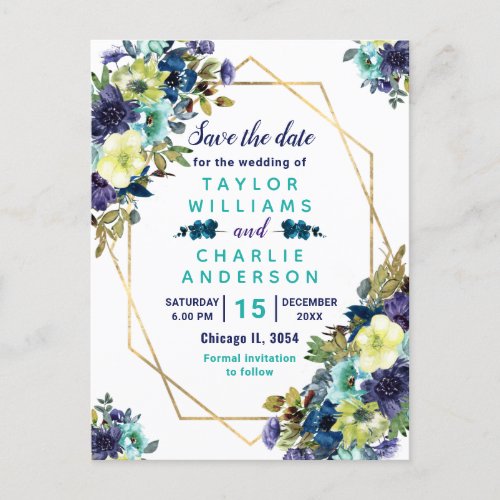 Floral Spring Green Blue Geometric Save The Date Postcard