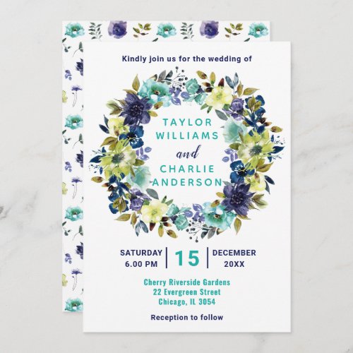 Floral Spring Green Blue Wreath Wedding Invitation