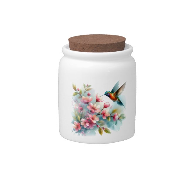 Floral/spring hummingbird artwork  candy jar (Front)