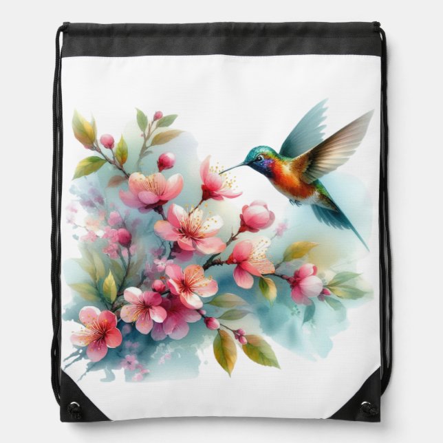 Floral/spring hummingbird artwork  drawstring bag (Front)