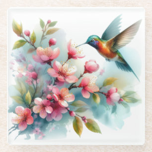 Floral/spring hummingbird artwork glass coaster