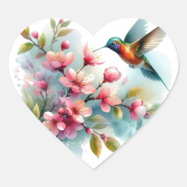 Floral/spring hummingbird artwork  heart sticker (Front)