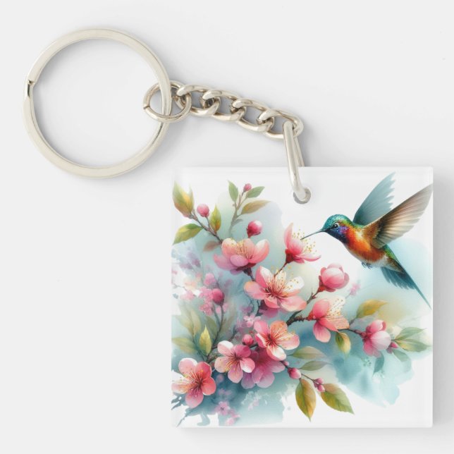 Floral/spring hummingbird artwork  keychain (Front)