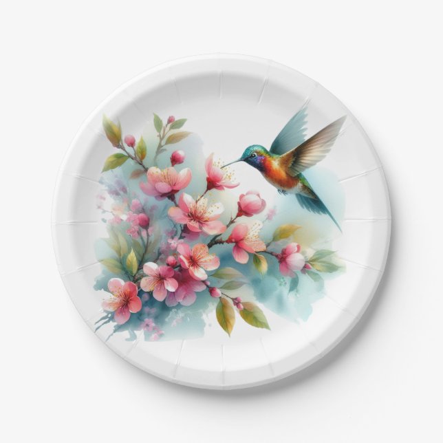 Floral/spring hummingbird artwork  paper plates (Front)