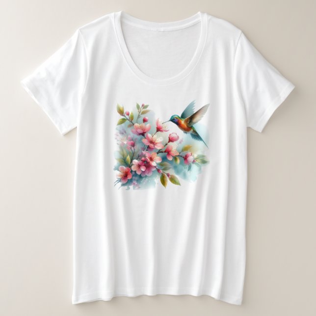 Floral/spring hummingbird artwork  plus size T-Shirt (Design Front)