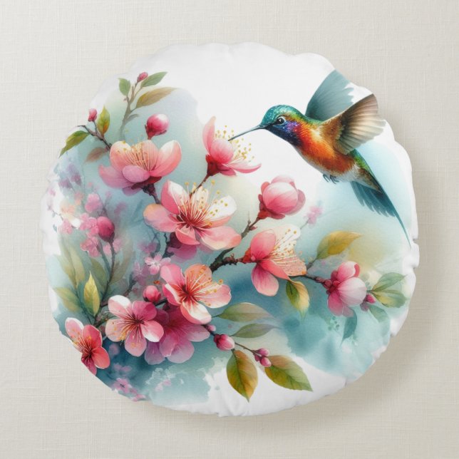 Floral/spring hummingbird artwork  round pillow (Front)