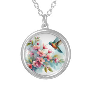 Floral/spring hummingbird artwork silver plated necklace