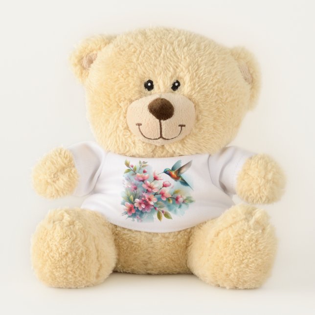 Floral/spring hummingbird artwork  teddy bear (Front)