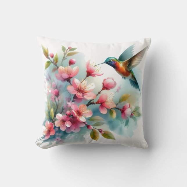 Floral/spring hummingbird artwork  throw pillow (Front)