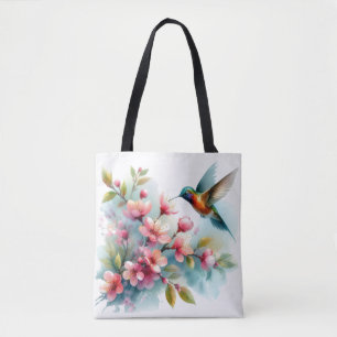 Floral/spring hummingbird artwork tote bag