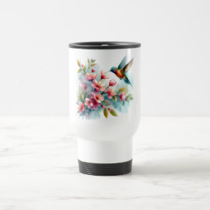Floral/spring hummingbird artwork travel mug