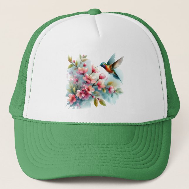Floral/spring hummingbird artwork  trucker hat (Front)