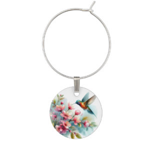 Floral/spring hummingbird artwork  wine charm