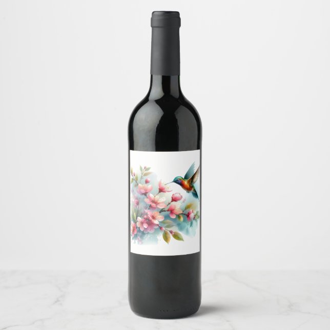 Floral/spring hummingbird artwork  wine label (Front)