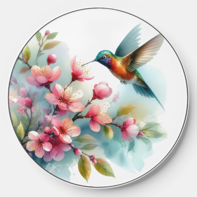 Floral/spring hummingbird artwork  wireless charger  (Front)
