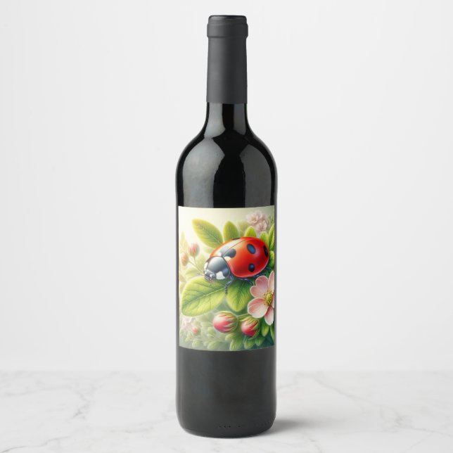 Floral/spring ladybug artwork  wine label (Front)