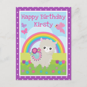 Floral Spring Llama & Rainbow Birthday Postcard