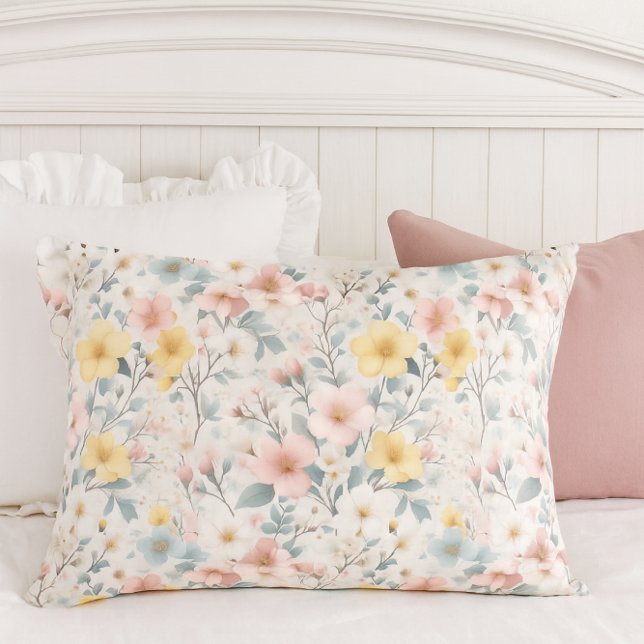 Floral Spring Meadow Pink Yellow  Pillow Case (This charming pillowcase brings a touch of cottage-style elegance to your spring and summer bedroom.)