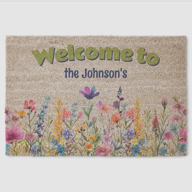 Floral Spring Personalized Welcome Coir Mat (Front)