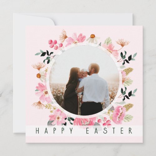 Floral Spring Pink Add Your Photo Happy Easter Holiday Card