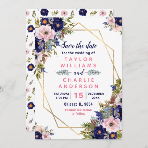Floral Spring Pink Navy Geometric Save The Date