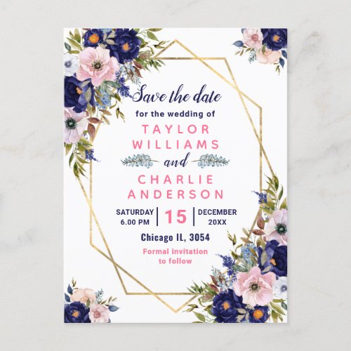 Floral Spring Pink Navy Geometric Save The Date Postcard
