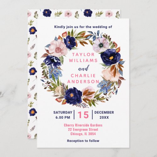 Floral Spring Pink Navy Wreath Wedding Invitation